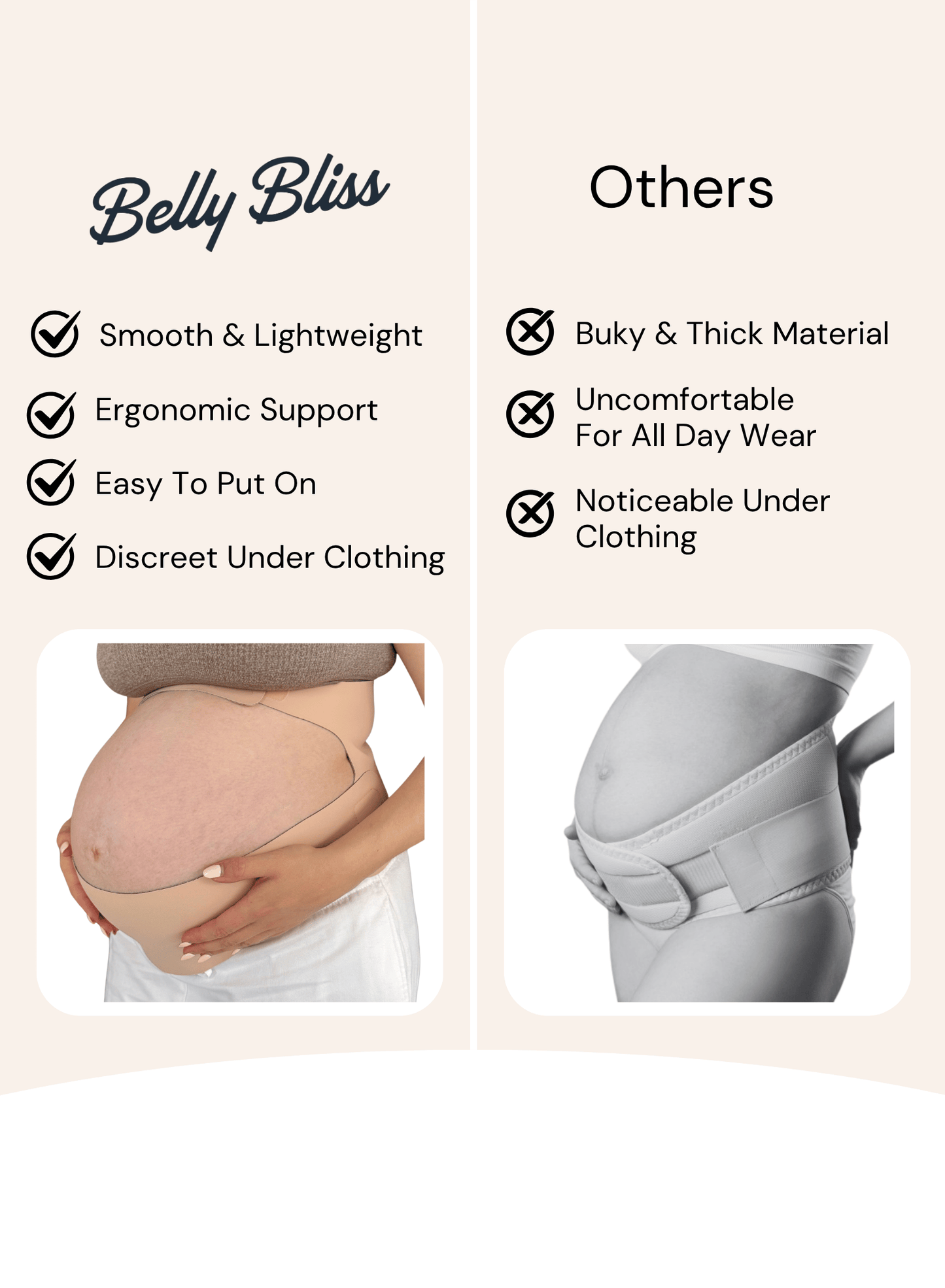 Comparison chart of 'Belly Bliss' support product with other options on a beige background.