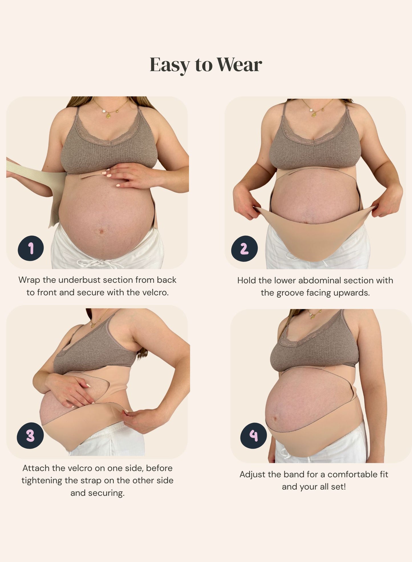 Instructions on how to wear a fitted garment, likely a maternity support belt, with text overlay.