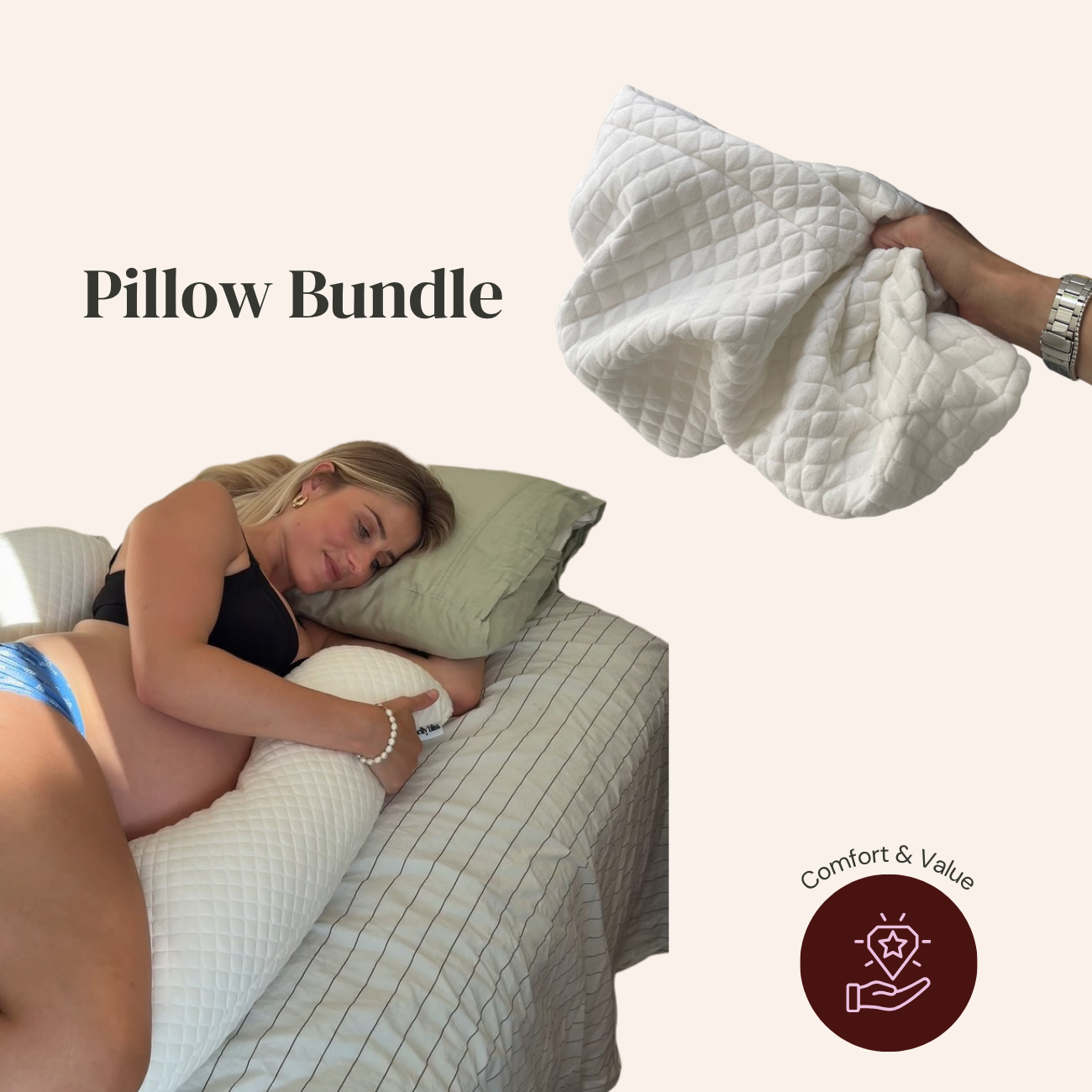 Woman lying in bed with a pillow bundle, including a close-up of a pillow.