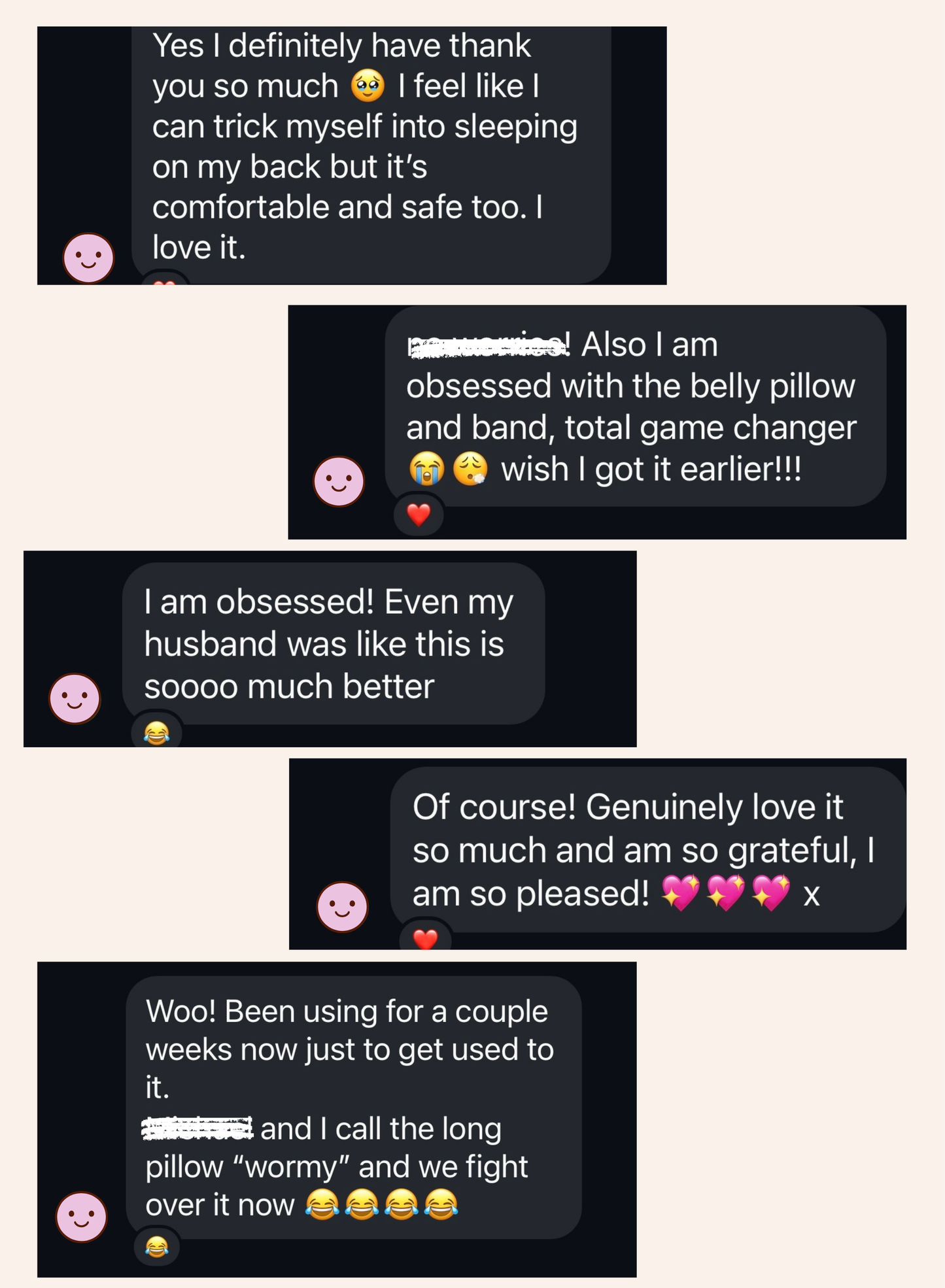 Text conversation about a belly pillow and band, expressing gratitude and obsession.