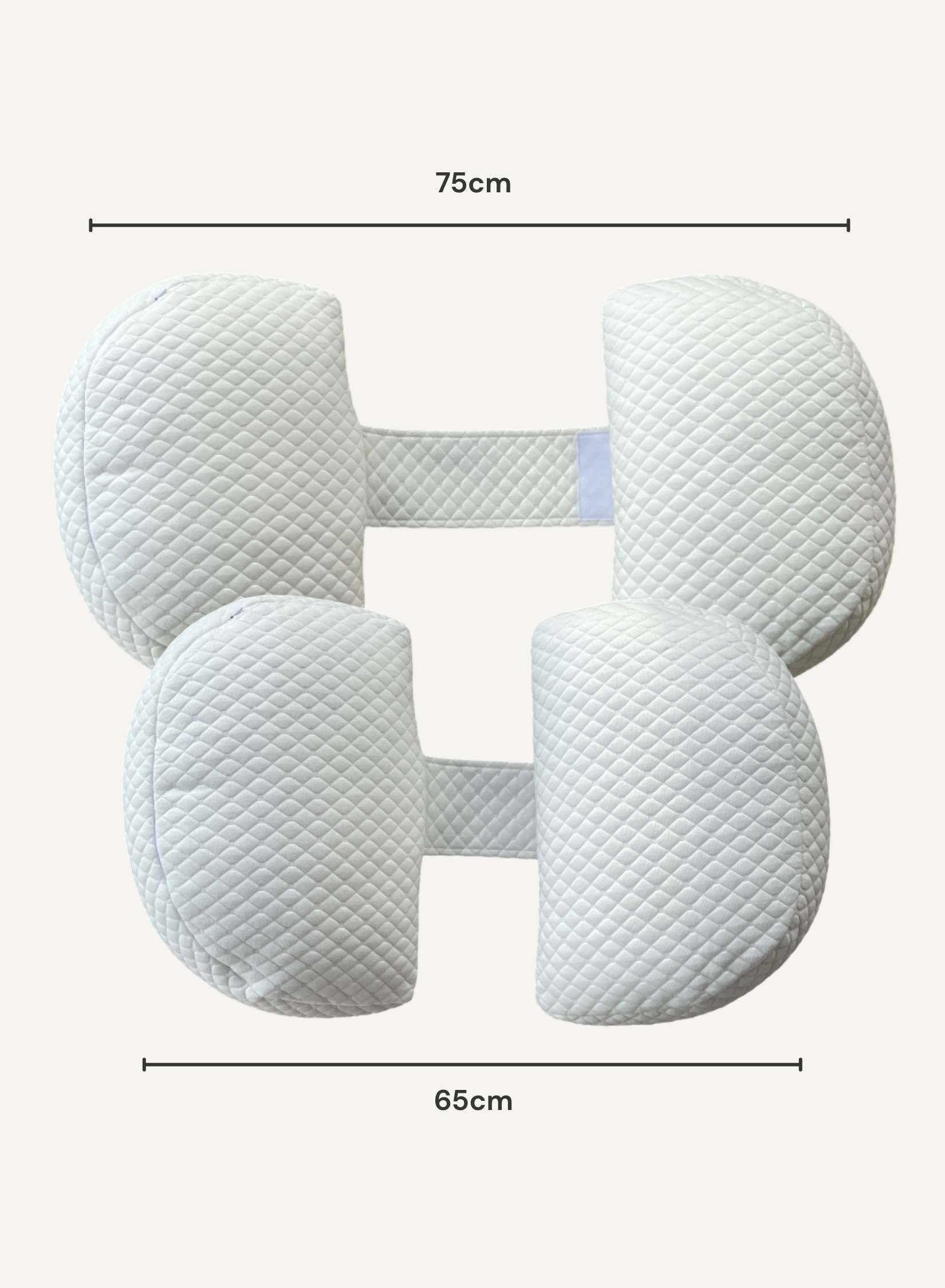 White wedge shaped pregnancy pillow with dimensions on a white background