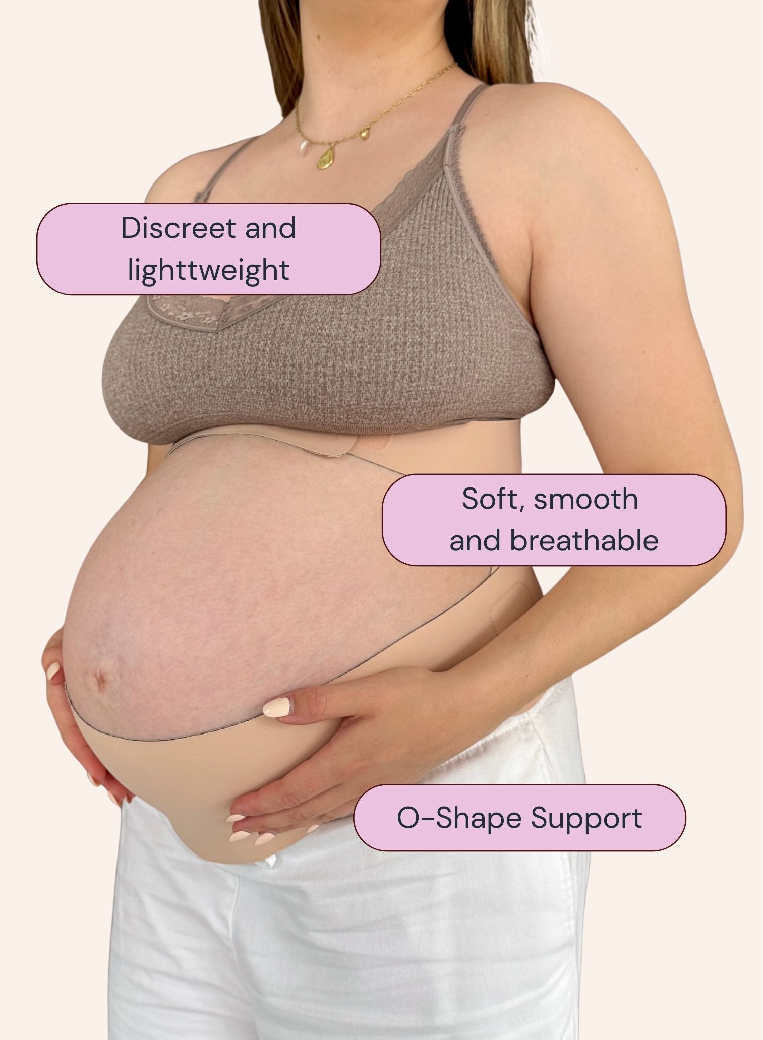 Pregnant woman wearing a brown maternity bra and belly band