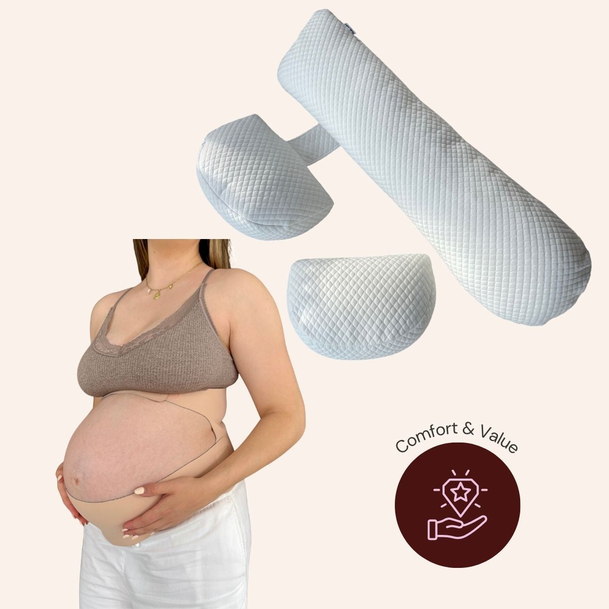 Pregnant woman with a nursing pillow and belly band