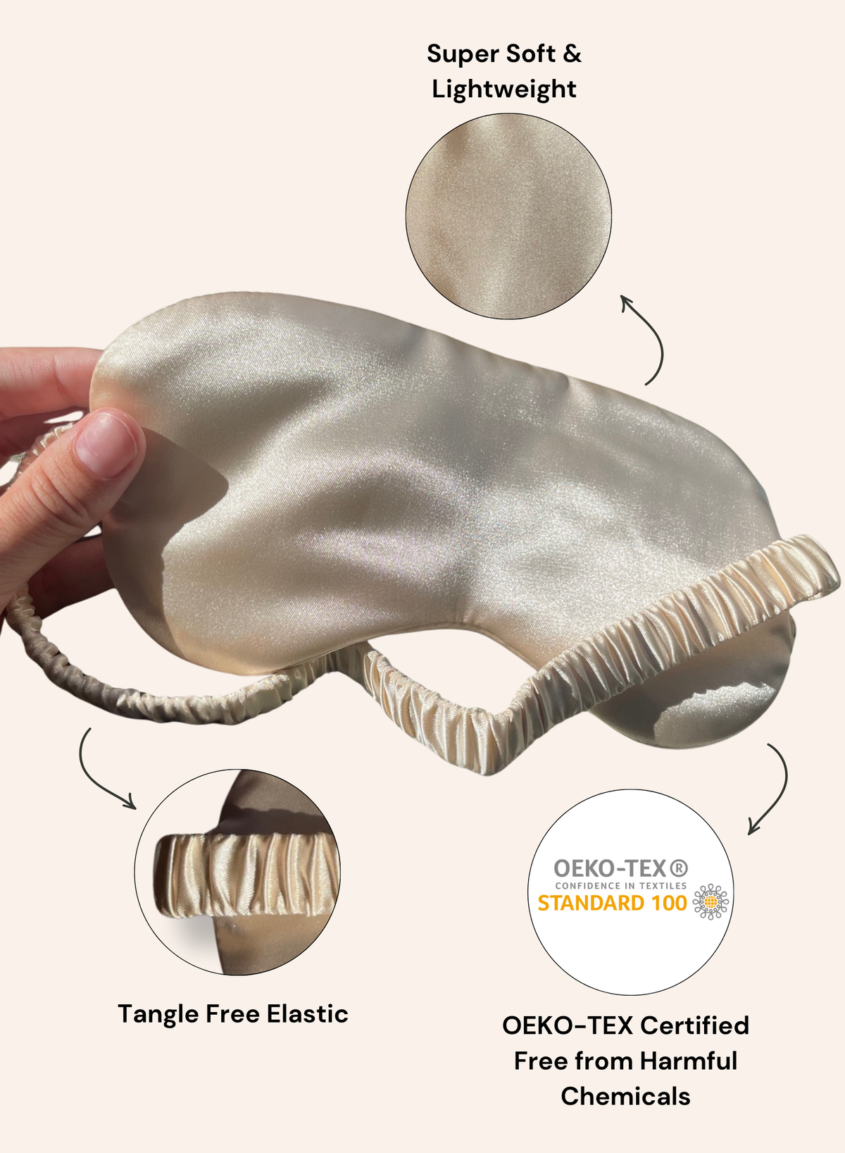 A satin sleep mask being held by a hand, shown with feature callouts including 'Super Soft & Lightweight,' 'Tangle Free Elastic,' and an OEKO-TEX certification badge on a warm beige background.