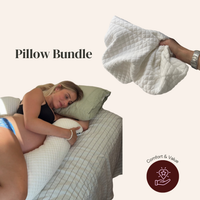 Woman lying in bed with a pillow bundle, including a close-up of a pillow.