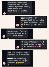 Text conversation about a belly pillow and band, expressing gratitude and obsession.