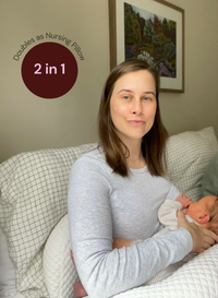 Woman holding a baby on a couch with text '2 in 1' and 'Doubles as Nursing Pillow'.