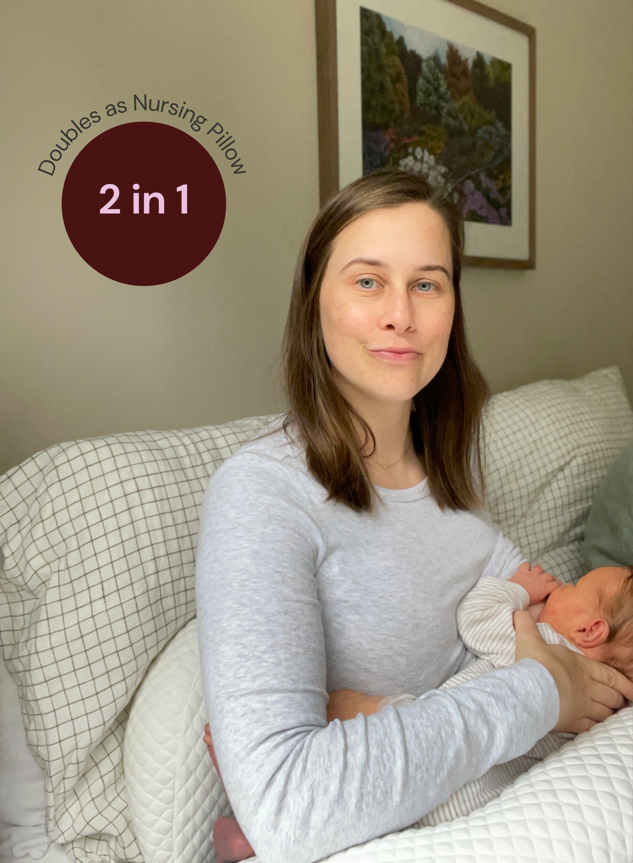 Woman holding a baby on a couch with text '2 in 1' and 'Doubles as Nursing Pillow'.