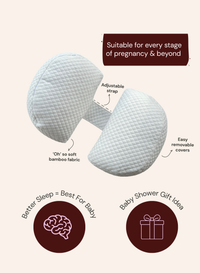 Pregnancy pillow with features highlighted on a white background