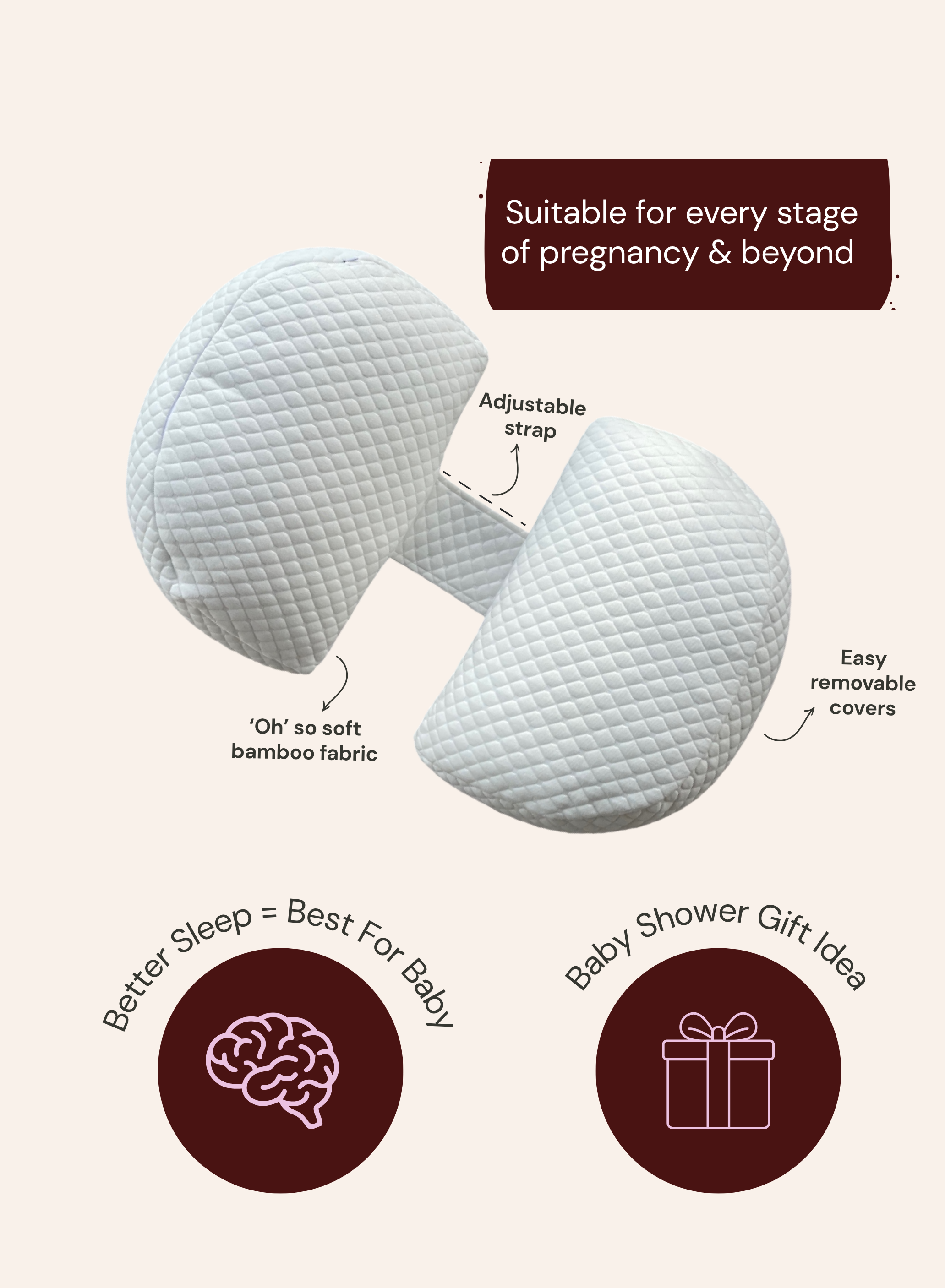 Pregnancy pillow with features highlighted on a white background