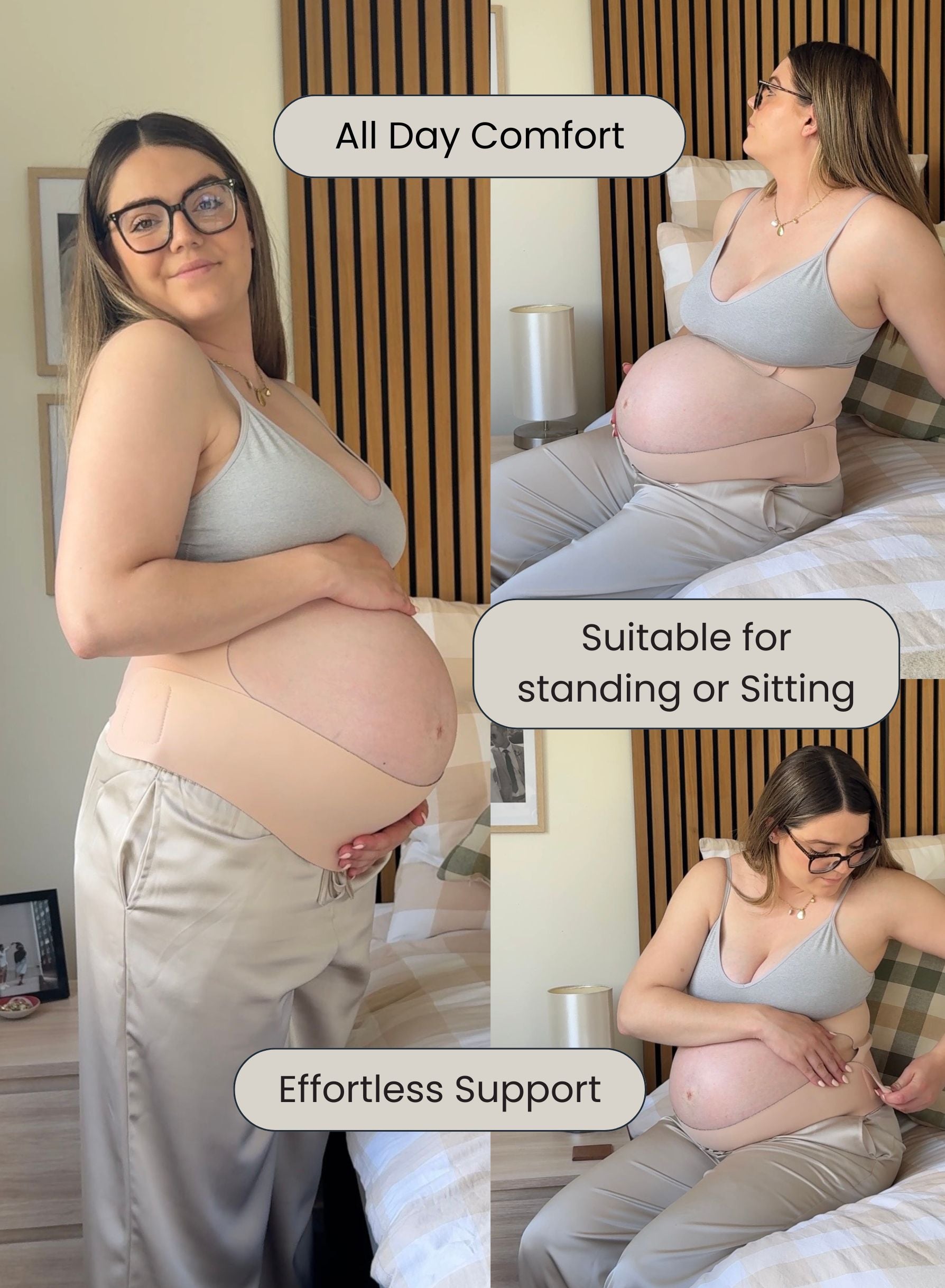 Pregnant woman wearing a support belt with text highlighting features like 'All Day Comfort', 'Suitable for standing or sitting', and 'Effortless Support'.