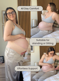 Pregnant woman wearing a support belt with text highlighting features like 'All Day Comfort', 'Suitable for standing or sitting', and 'Effortless Support'.