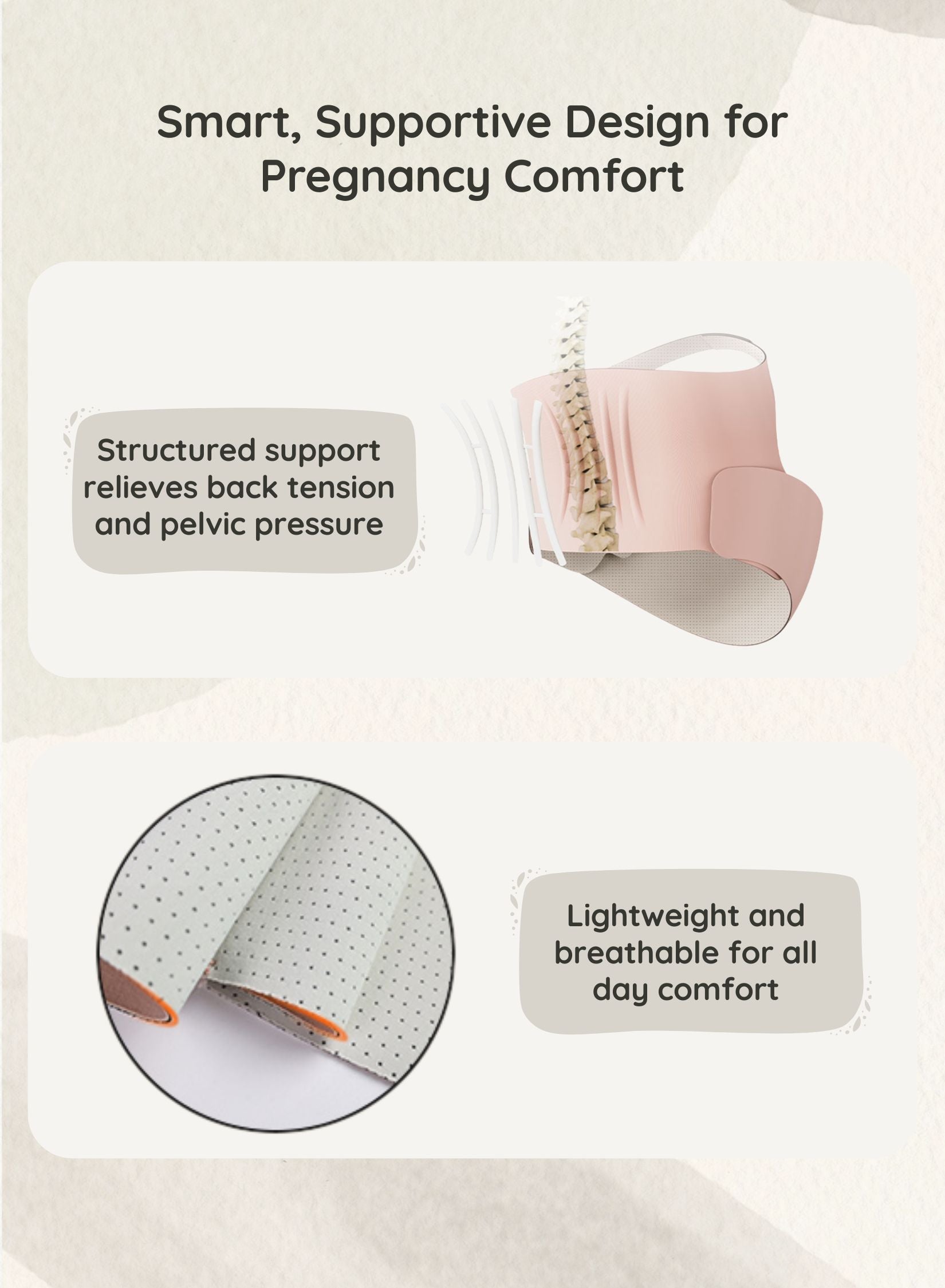 Pregnancy support belt with text highlighting features on a light background