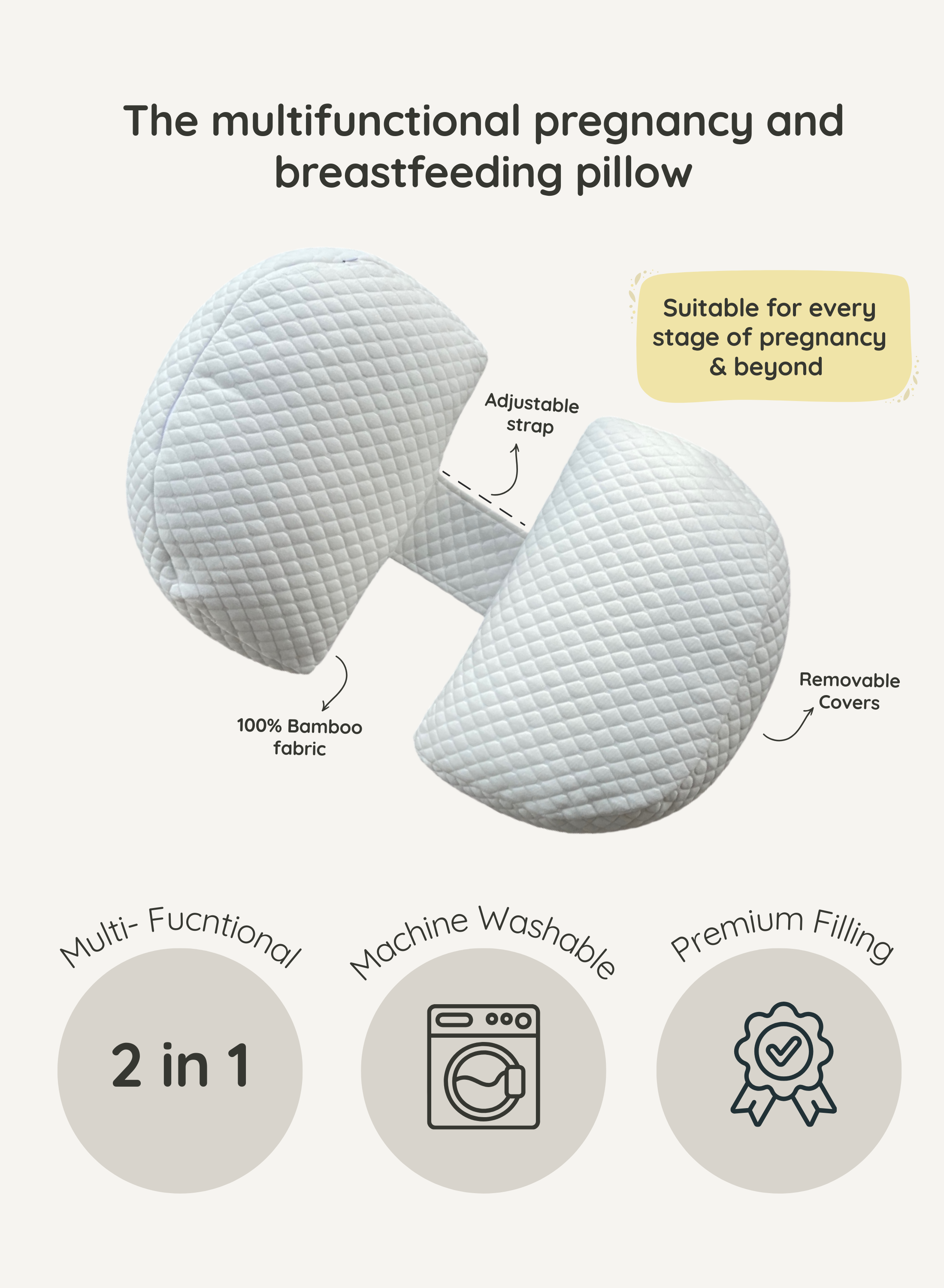 Multifunctional pregnancy and breastfeeding pillow with features highlighted on a white background