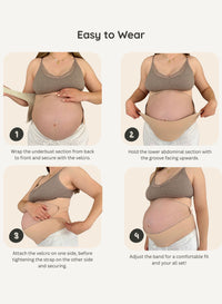 Instructions on how to wear a fitted garment, likely a maternity support belt, with text overlay.