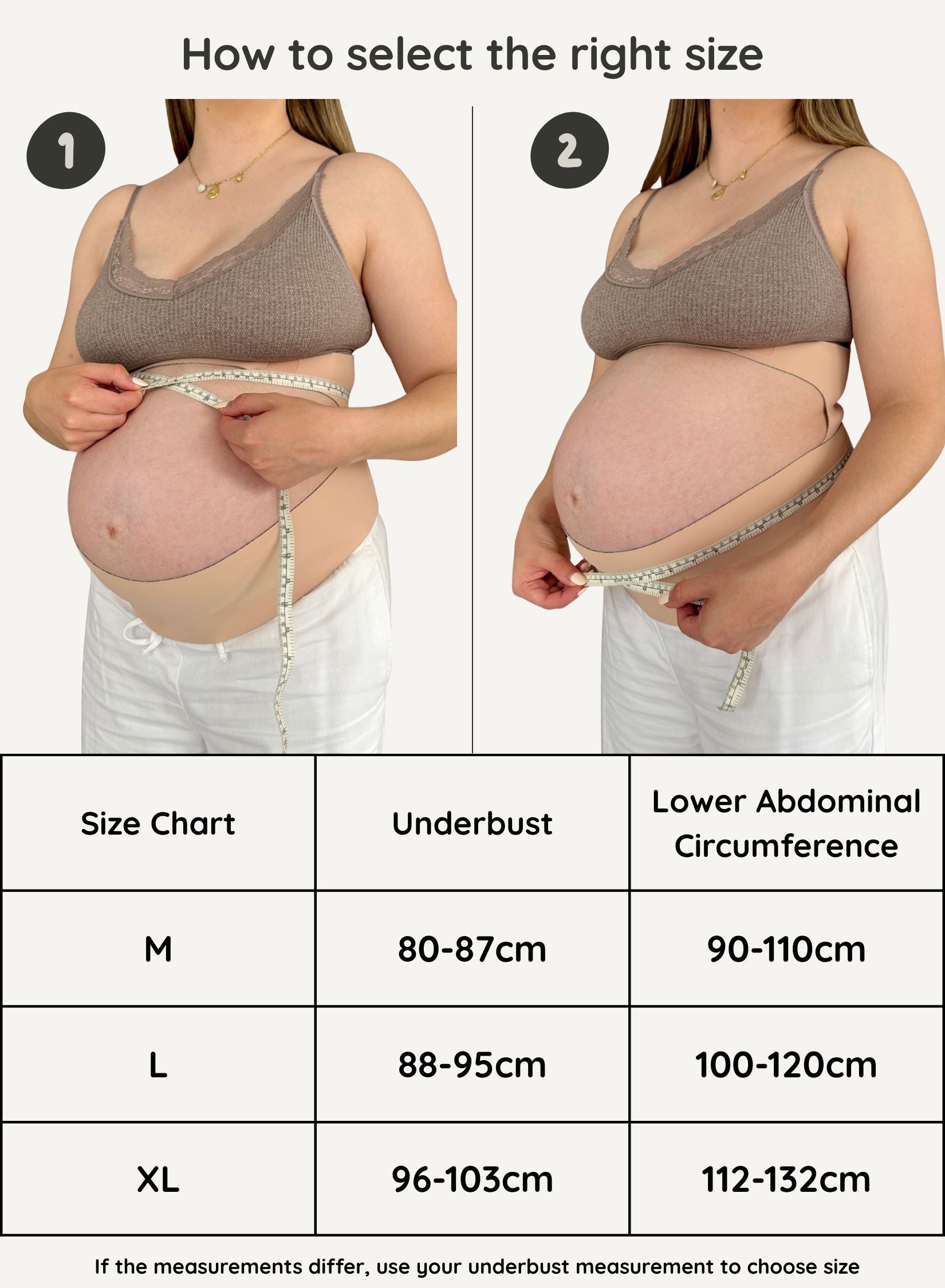 Pregnant woman measuring her underbust and lower abdominal circumference with a size chart below.