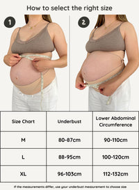 Pregnant woman measuring her underbust and lower abdominal circumference with a size chart below.
