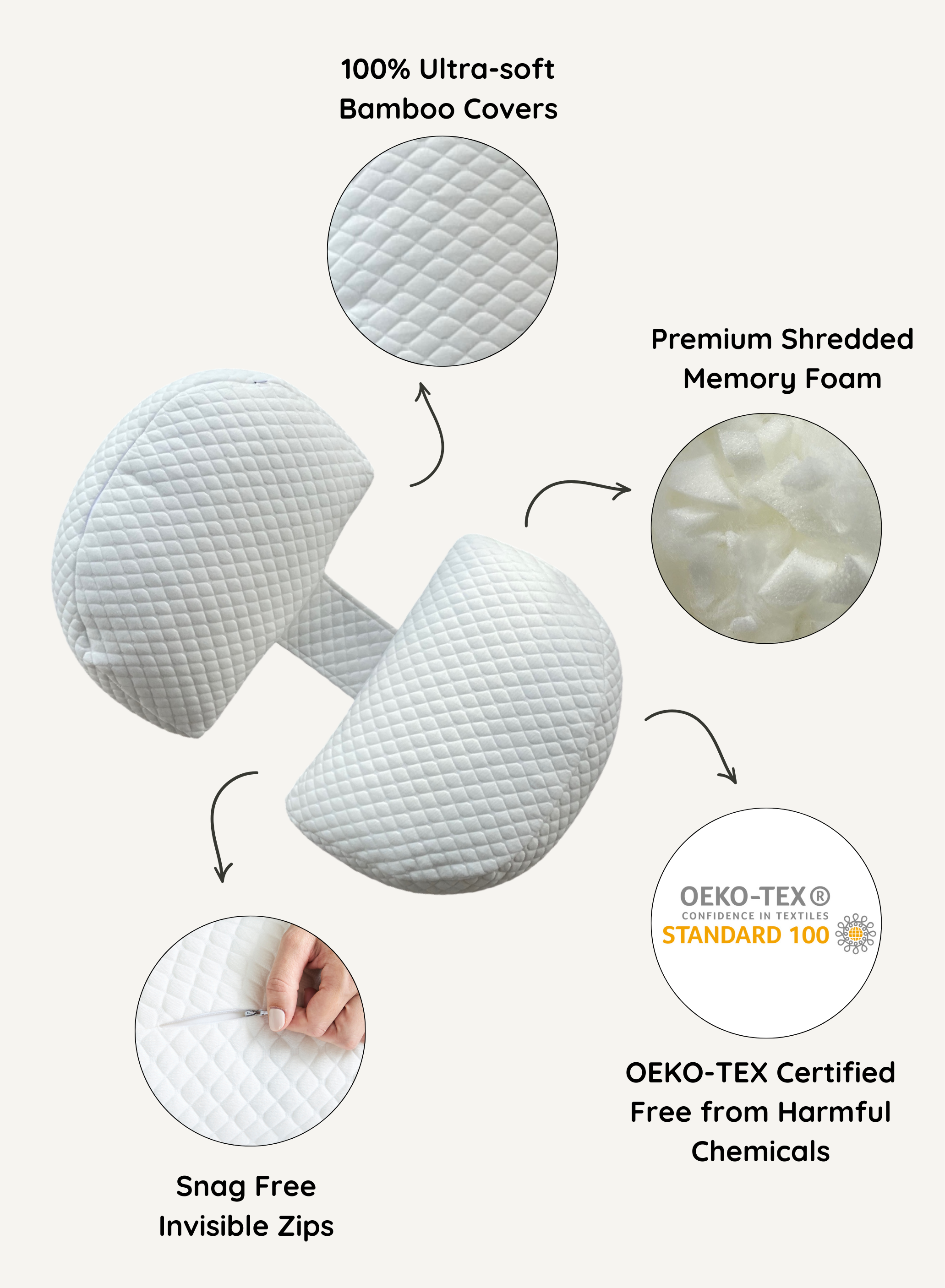 Bamboo pillow with features highlighted on a white background