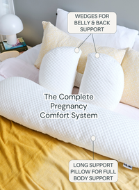 White pregnancy support pillow with labeled features on a bed.