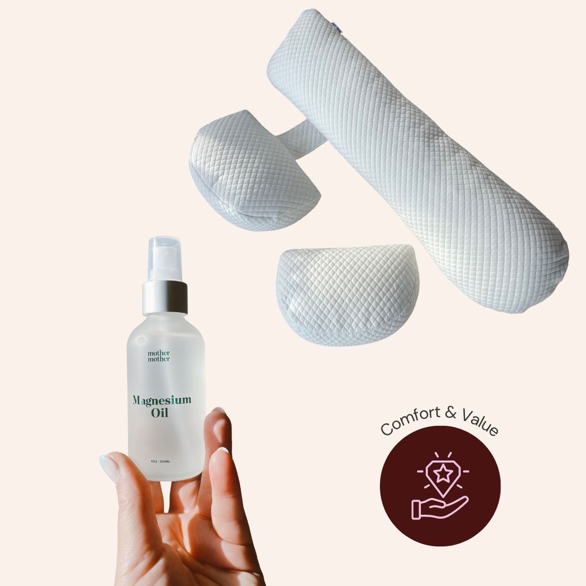 Bottle of magnesium oil with textured roller and pregnancy pillow
