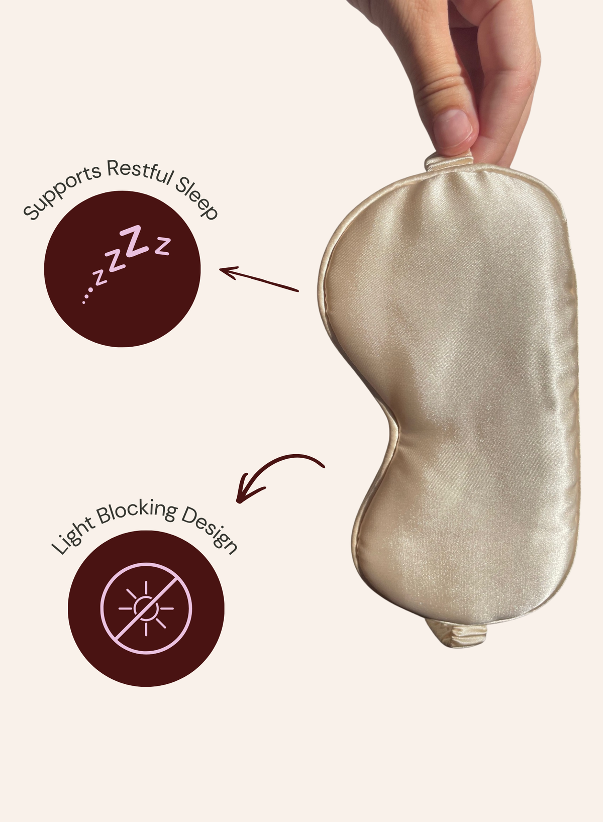 A satin sleep mask held by a hand against a light beige background, with two callout graphics on the left highlighting features: 'Supports Restful Sleep' with a ZZZ icon and 'Light Blocking Design' with a sun icon.