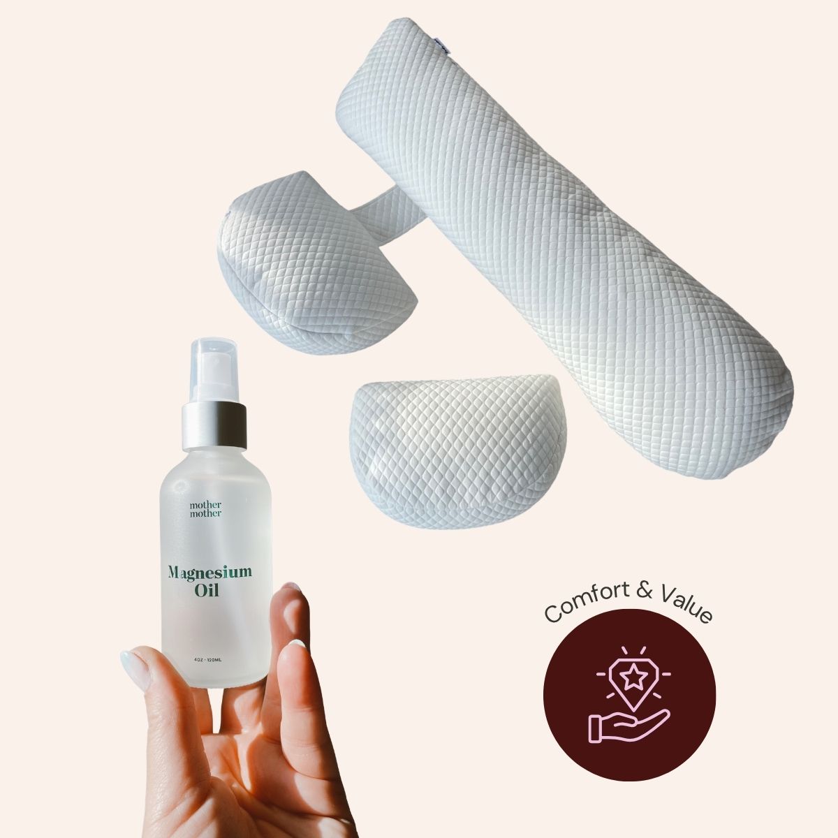 Bottle of magnesium oil with textured pillows on a light background