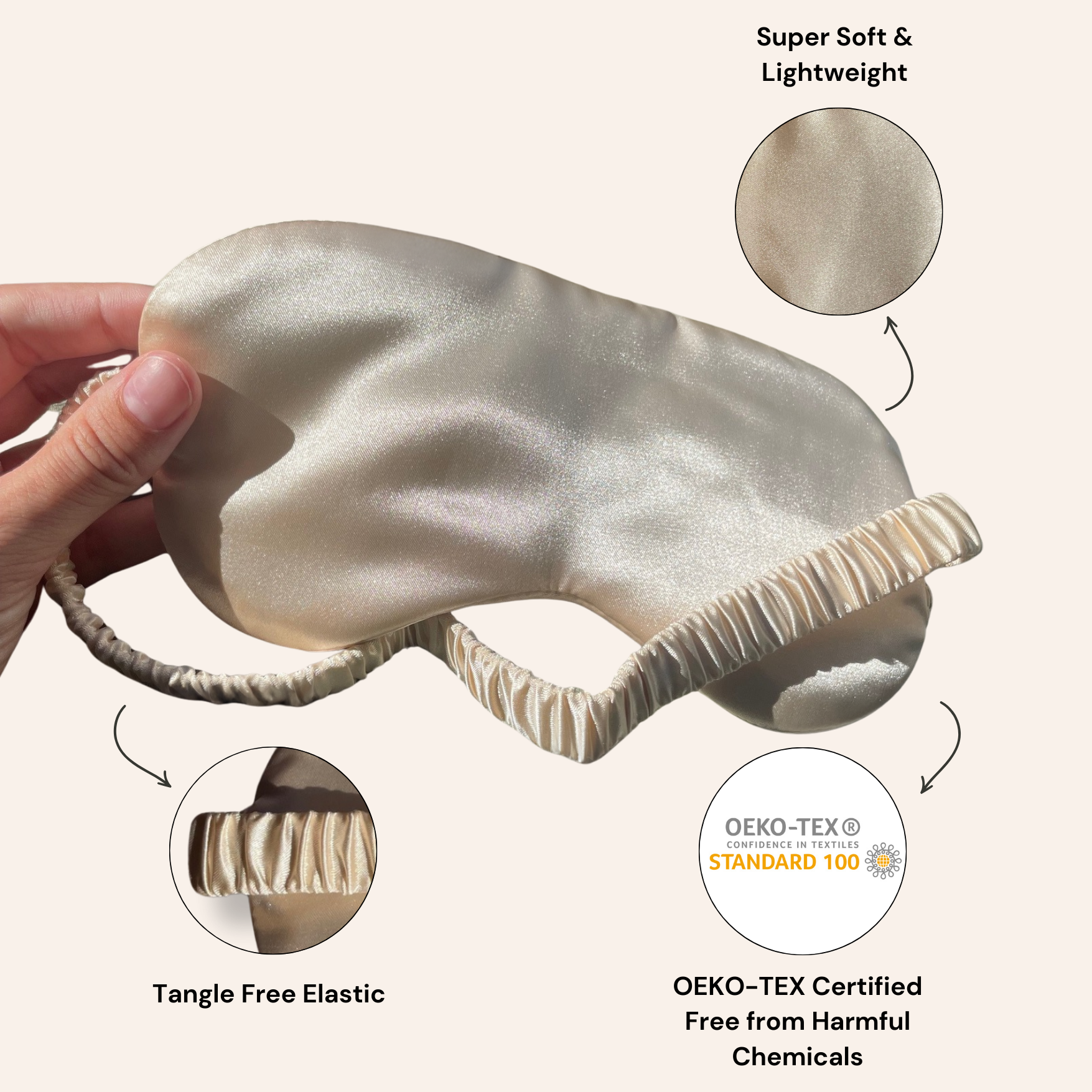 Silky sleep mask held by a hand with close-up details on texture and certification label.