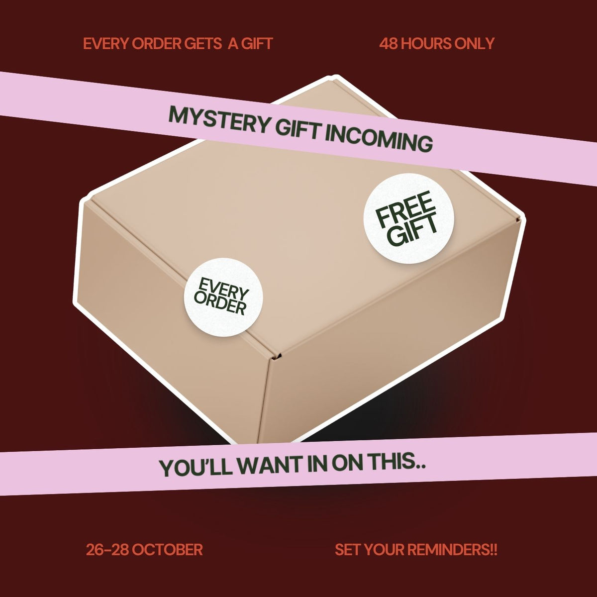 Promotional graphic for a mystery gift box, showing a tan cardboard package with two white circular stickers reading 'EVERY ORDER' and 'FREE GIFT' on a dark red background with pink diagonal banners and orange text.