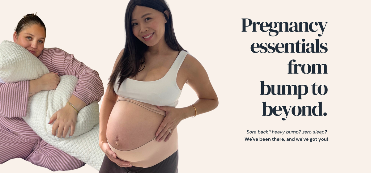 Pregnant women shown in a promotional lifestyle scene with text reading 'Pregnancy essentials from bump to beyond.' One woman on the left rests against a white pillow in pink striped pajamas, and the other on the right wears a white tank top and holds her pregnant belly.