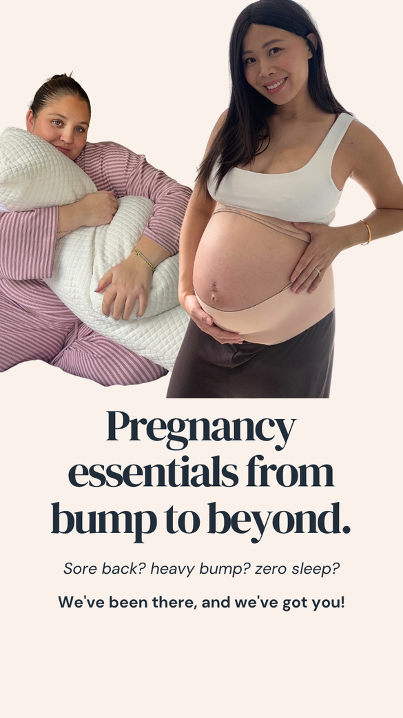 A promotional graphic for pregnancy essentials shows two pregnant women on a light beige background, one reclining and holding a pillow, and one standing with her hand on her belly. Large text reads, 'Pregnancy essentials from bump to beyond.