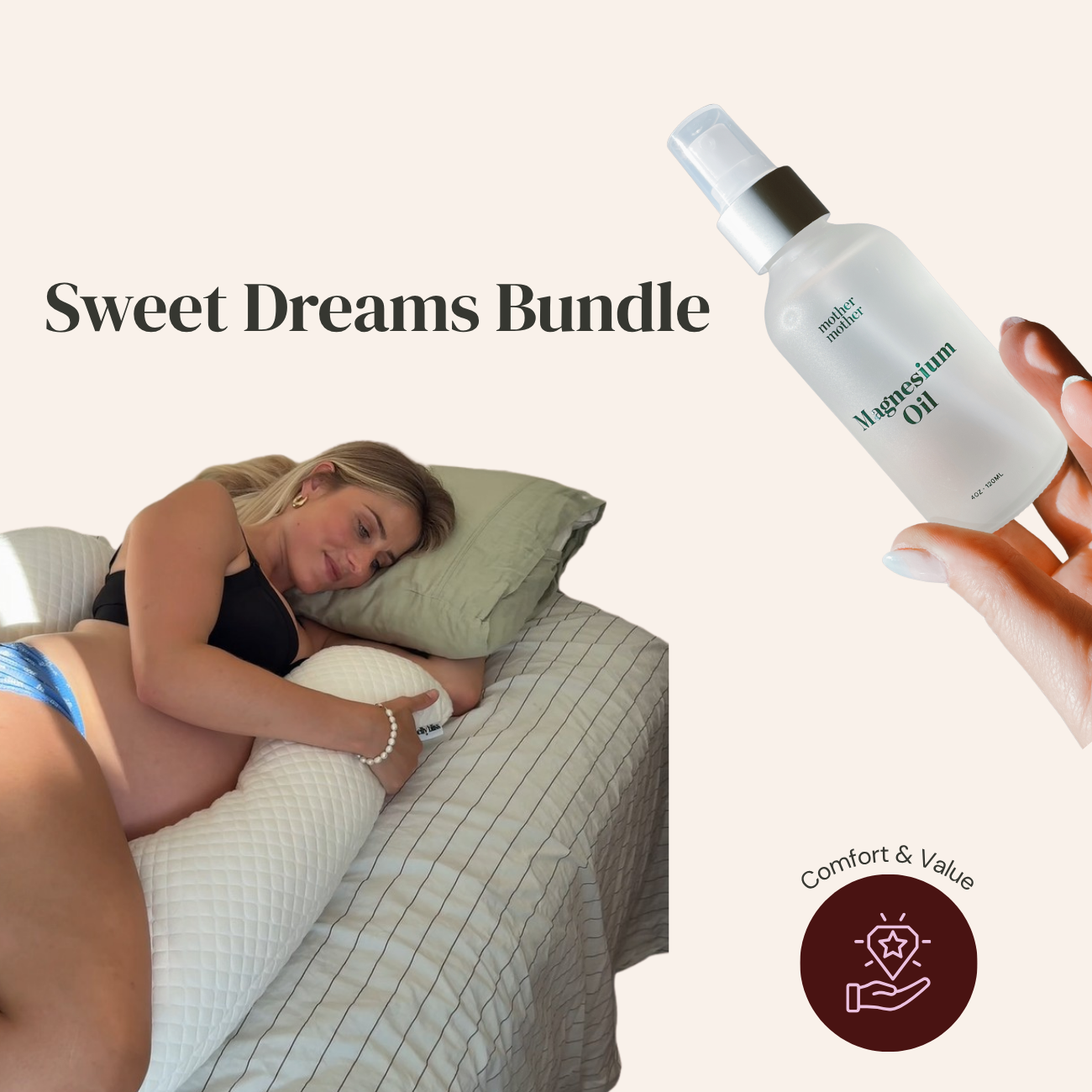 Woman lying in bed with a bottle of magnesium oil labeled 'Sweet Dreams Bundle'.