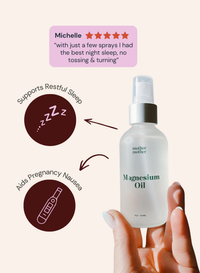 Bottle of magnesium oil with text highlighting its benefits for sleep and nausea on a light pink background.