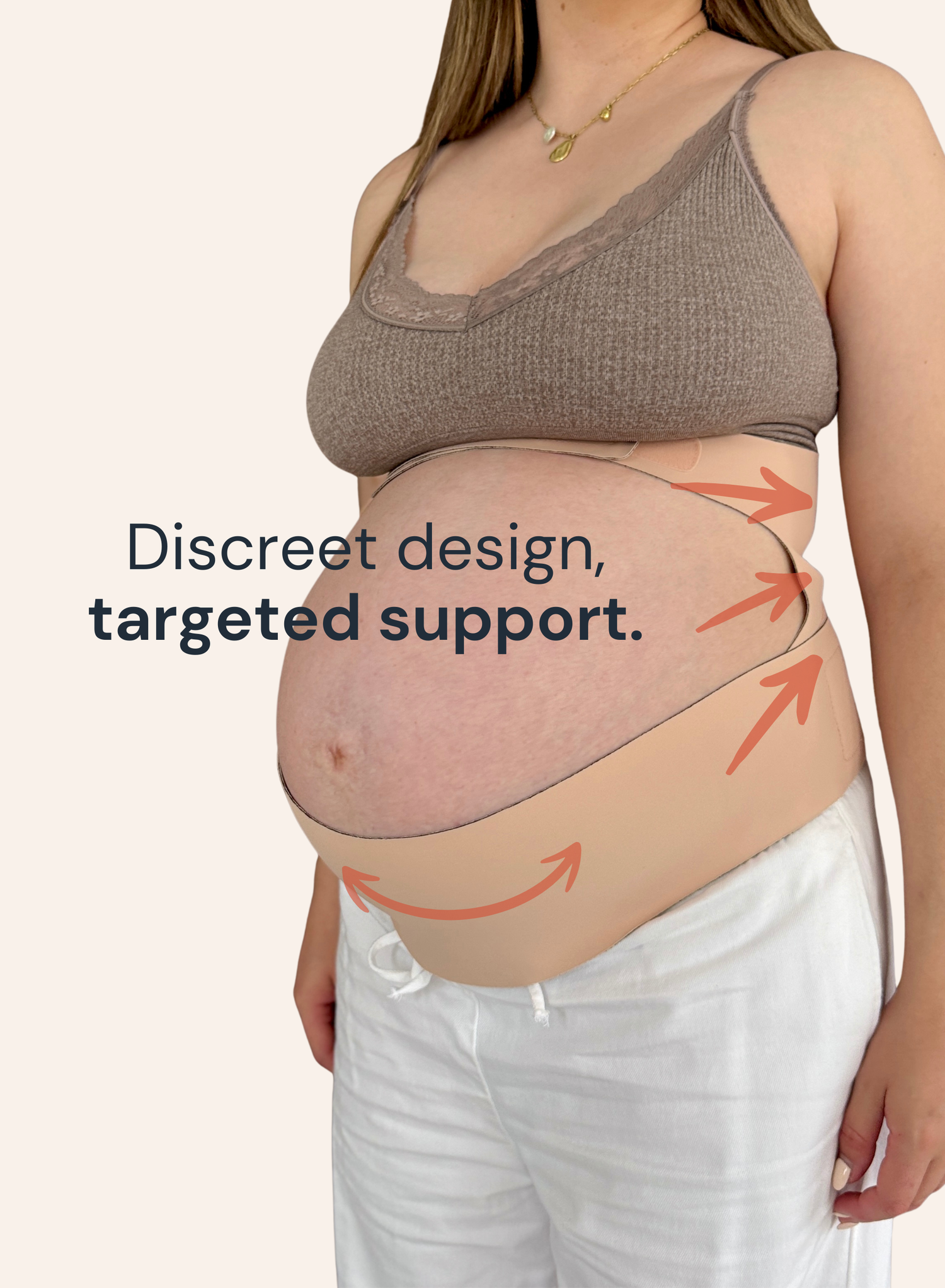 Pregnant woman wearing a support garment with text 'Discreet design, targeted support.'