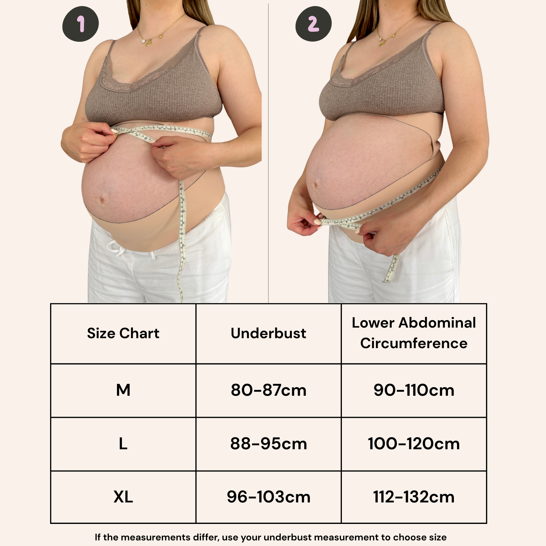 Pregnant woman wearing a maternity support belt with size chart below.